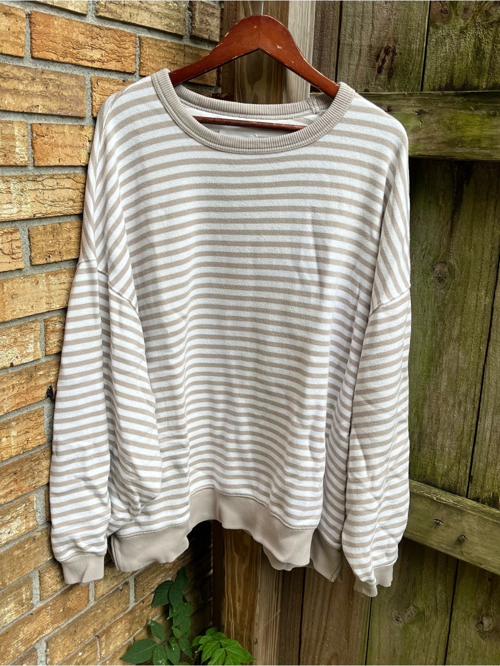 Aerie Oversized Beige and White Striped Crewneck Sweatshirt